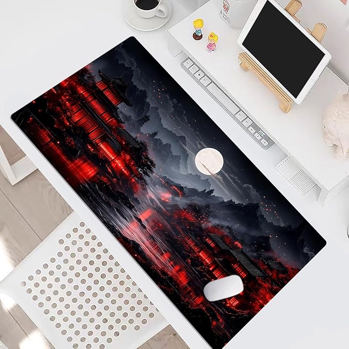 HVEST Japanese Gaming Mouse Pad, Black and Red Full Moon Large Mousepad,Laptop Computer Keyboard Mat with Non-Slip Rubber Base and Stitched Edge for Game, Office, Home 31.5'' x 15.7''