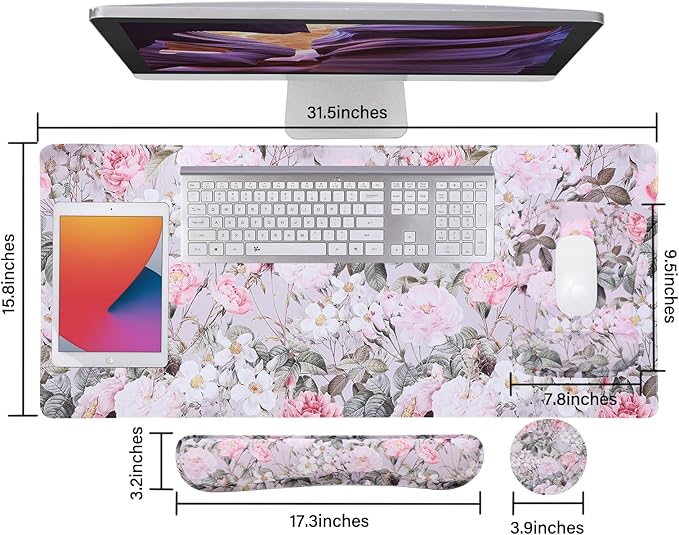 MEGREZ 4-in-1 Ergonomic Memory Foam Wrist Rest Set, Desk Pad, Mouse Pad with Wrist Rest, Keyboard Pad, Suitable for Office Workers, Programmers & Gamers–Relieve Typing & Gaming Fatigue, Pink Flowers