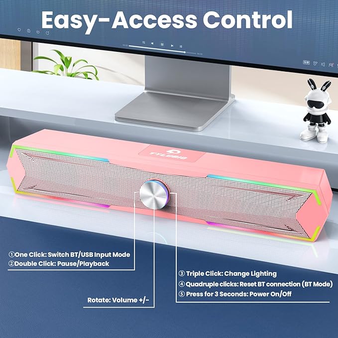 Computer Speakers for Pc Desktop with Clear Sound, Flowing LED PC Speaker for Computer Desktop Laptop Monitor, Bluetooth & USB Input - Pink
