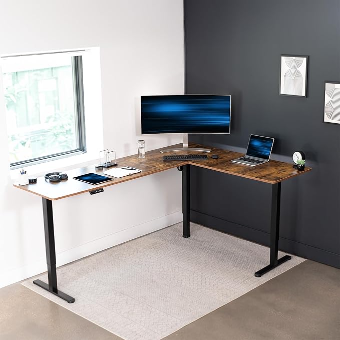 VIVO Corner Standing Desk, 84 x 63 inch Reversible L-Shaped Workstation, Electric Height Adjustment, Home, Office, and Reception Rooms, Rustic Vintage Brown Table Top Black Frame, DESK-E3CTBN-84