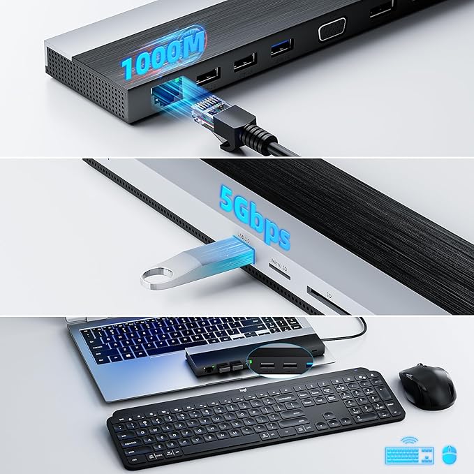 WAVLINK USB-C Docking Station 3 Monitors, Docking Station with HDMI, DP, VGA, 100W PD, USB3.0&2.0, RJ45, SD/TF Slots, Audio/Microphone for Lenovo/HP/Dell etc - Grey