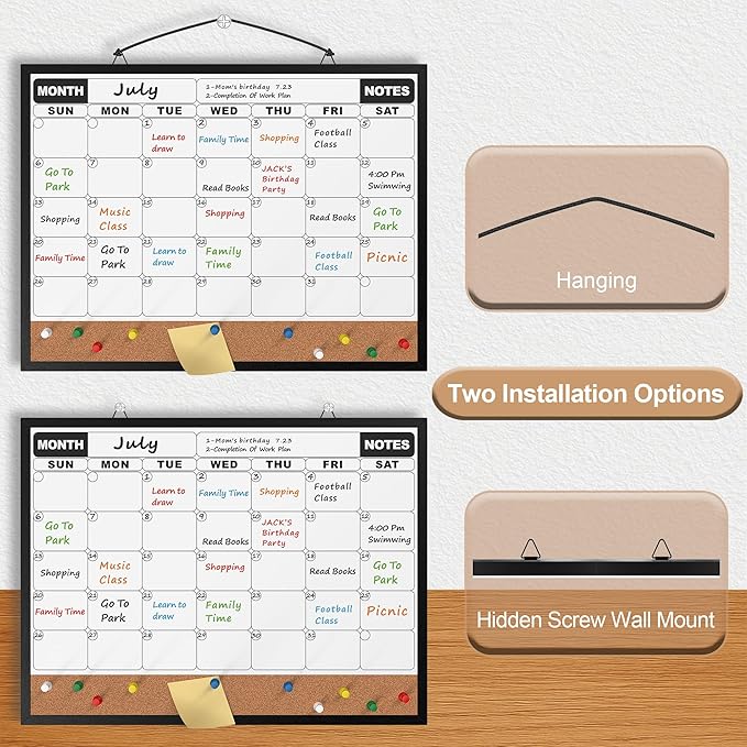 Monthly Calendar Dry Erase Board 16x12 Inch, Double-Sided Whiteboard and Corkboard Combo with Black Aluminum Frame, Wall Mounted Planner Organizer with Markers, Magnets, Push Pins, Eraser