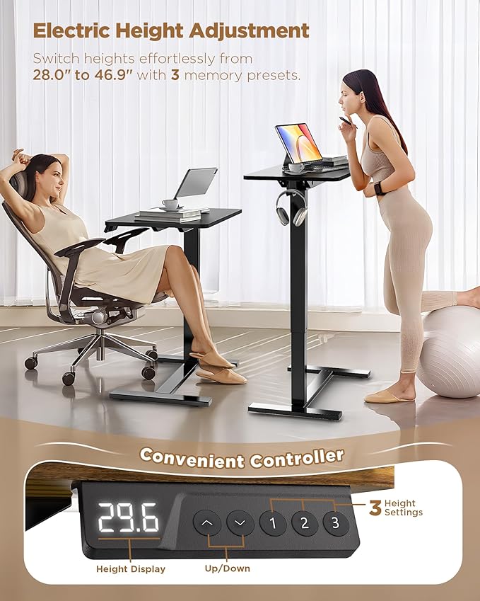 Overbed Bedside Table with Wheels, Electric Standing Desk Adjustable Height, Small Computer Desk for Home Office, Rolling Laptop Desk for Bed, Sofa, or Hospital Use (24"x16",Black)
