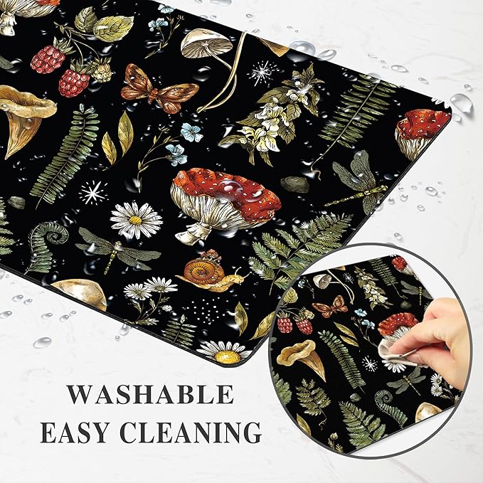 Black Mushroom Mouse Pad Cute, Vintage Cottagecore Aesthetic Flower Square Mousepad Washable Magic Nature Forest Moth Plant Leaf Mouse Mat Non-Slip for Desk Gaming Office Laptop Wireless Mouse