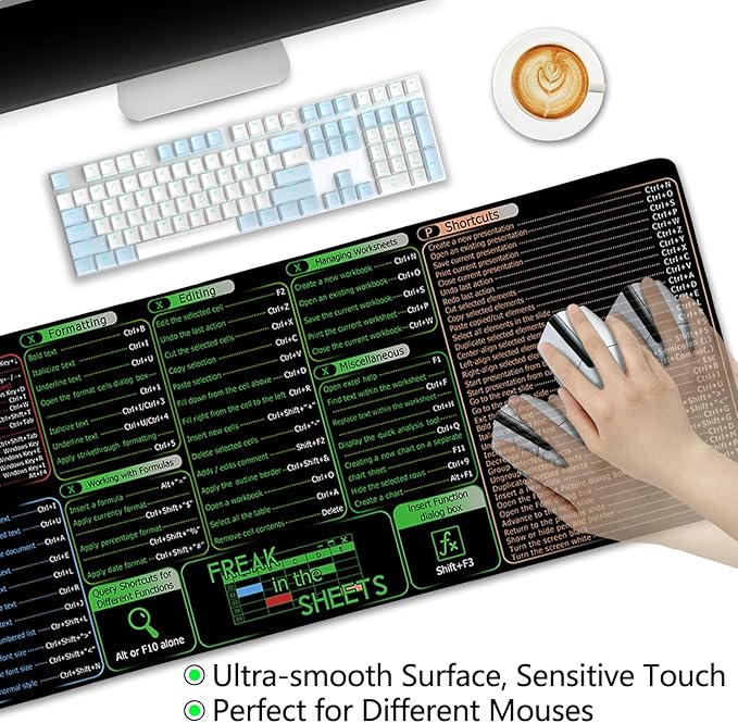 Office Software Excel Shortcuts Mouse Pad, Extended Large Cheat Sheet Mousepad, Mouse Pads for Desk Non-Slip, Keyboard Mouse Pad for Laptop Computer Work Office Desk Accessories 31.5x11.8 in