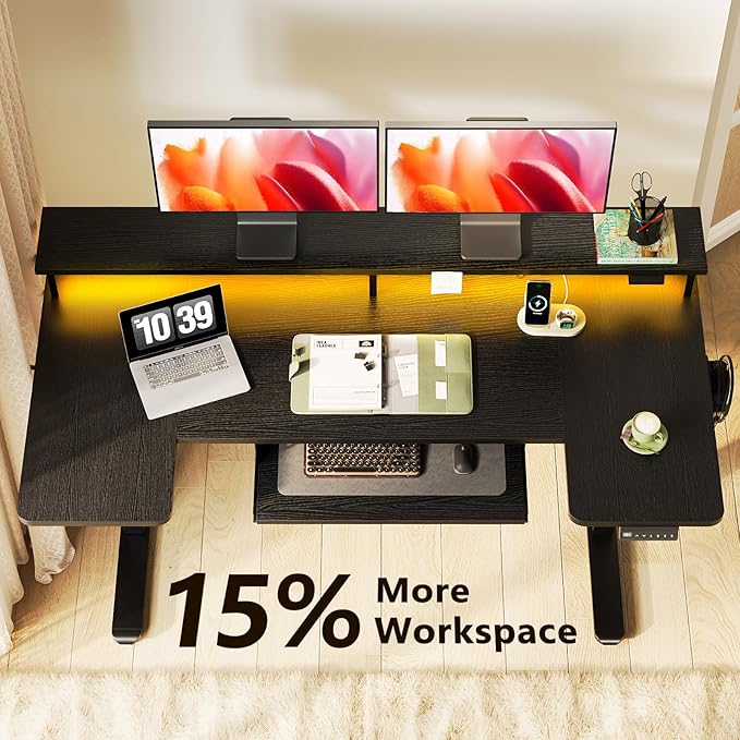 OffiGo U Shaped Electric Standing Desk with Keyboard Tray, 55 Inch Height Adjustable Desk with Power Outlets & LED Lights, Sit Stand Table with Monitor Stand for Home, Office, Black