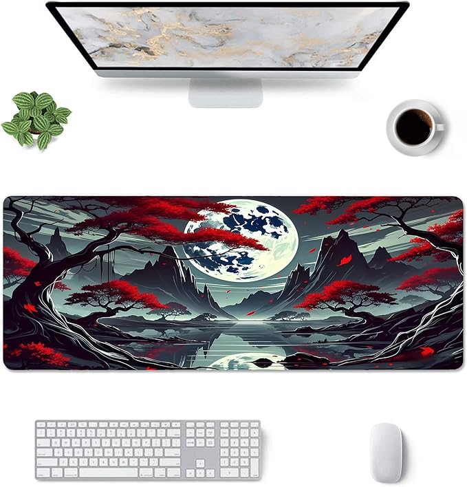 Japanese Dark Red Moon Desk Mat Large Gaming Mouse Pad Dark Red Moon Extended Mousepad Big in Laptop Computer Mouse Keyboard Mat for Office Desk Decor 31.5x12 in