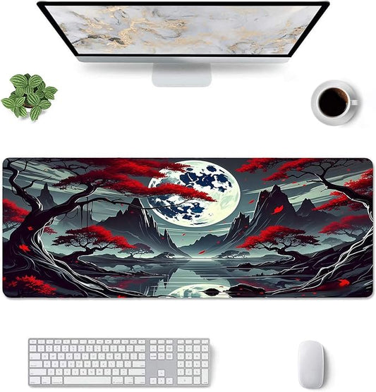 Japanese Dark Red Moon Desk Mat Large Gaming Mouse Pad Dark Red Moon Extended Mousepad Big in Laptop Computer Mouse Keyboard Mat for Office Desk Decor 31.5x12 in