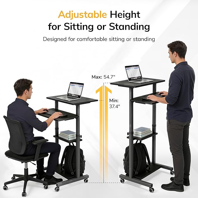 Mount-It! Rolling Desk Adjustable Height up to 54.7", Portable Standing Desk for Laptop or Podium Stand with Wheels, Mobile Roller Presentation Cart, Computer Work Station 27.5" Wide, Locking Wheels