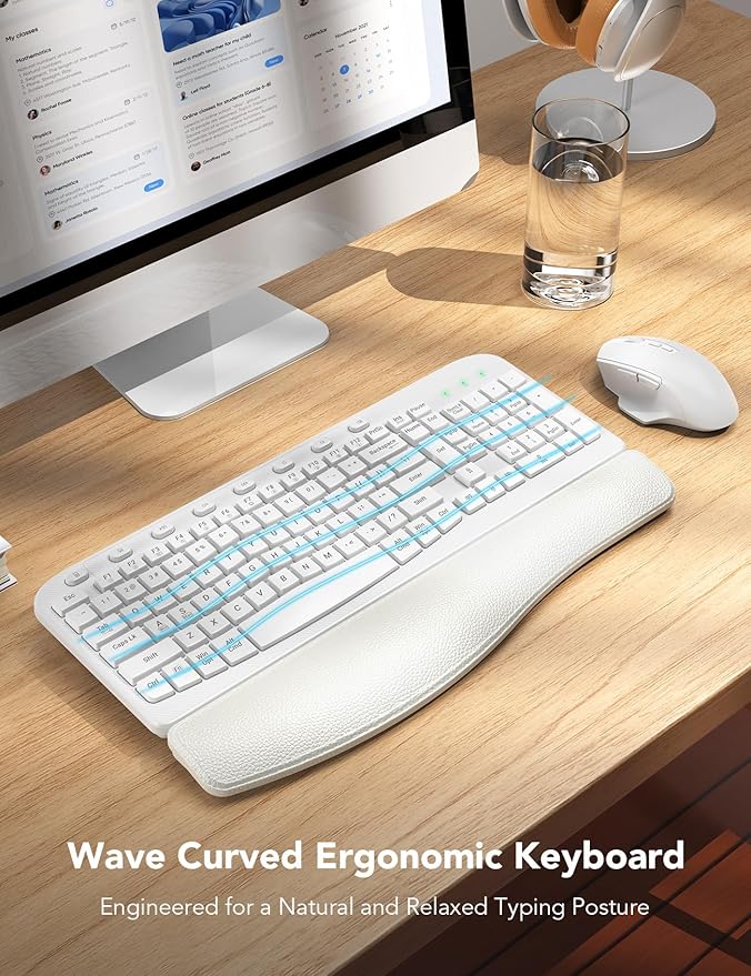 SABLUTE Wireless Keyboard and Mouse Combo, Ergonomic Wave Keys, Cushioned Plam Rest, Comfortable Silent Natural Typing, 2.4G Lag-Free, MA12 Full Size Keyboards Set for Multi-OS, Windows/Mac, White