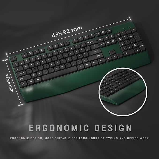 Ergonomic Keyboard and Mouse Combo with Wrist Rest, BK Chipset, Full-Size Colorful Office Keyboard and Mouse, Power Button, USB Receiver for PC Laptop(Dark-Green Black)
