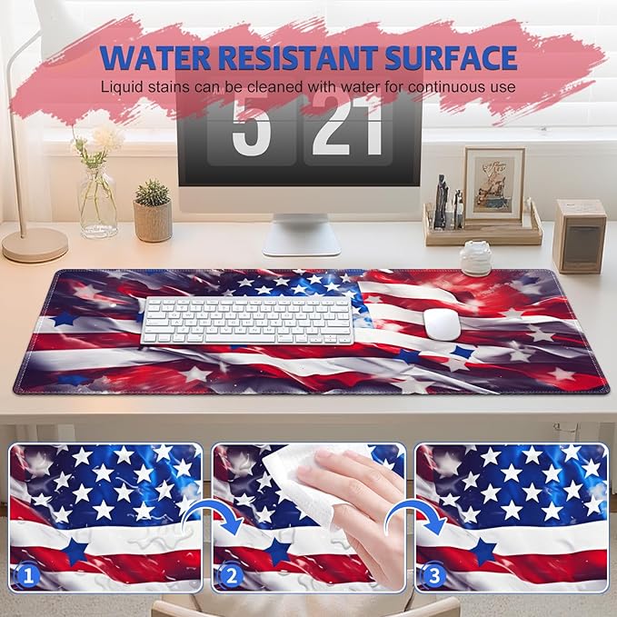 Desk Pad for Keyboard and Mouse, Large Mouse Pad for Desk, Non-Slip Keyboard Mat, Computer Mats for Desk, Desk Pad with Stitched Edges for Office, Gaming Men Boy I American Flag USA
