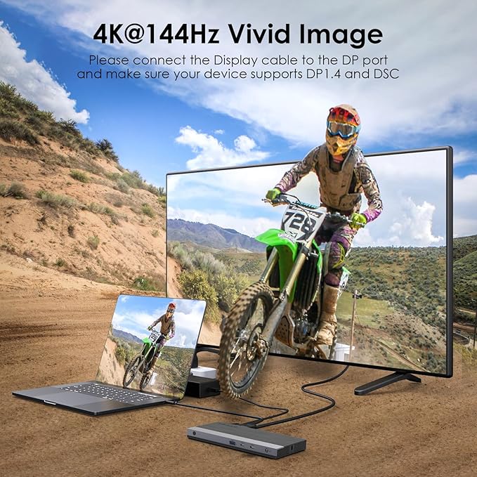 Laptop Docking Station, Docking Station 3 Monitors with 2* DP+HDMI, 4K@144Hz,130W PD Charger, USB-C/A 10Gb, 3* USB-A 5Gb, Audio, Gigabit Ethernet for Lenovo HP Dell, Windows System Computer
