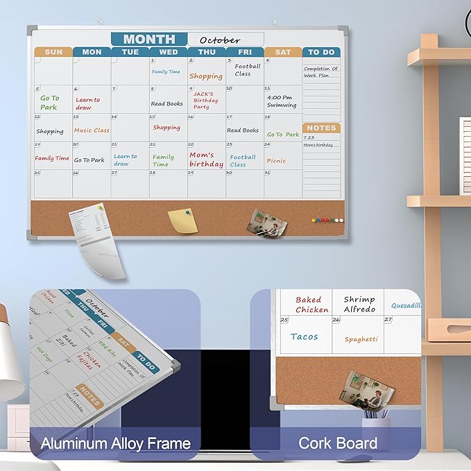 Monthly Calendar Dry Erase Board 36x24 Inch, Double-Sided Whiteboard and Corkboard Combo with Silver Aluminum Frame (Color Calendar), Wall Mounted Planer with Marker, Magnet, Push Pin, Eraser