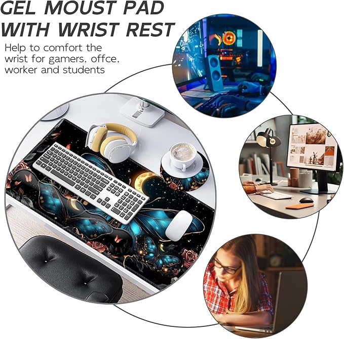 Gaming Mouse Pad Set, Butterfly Roses Moon Large Desk Mat Mousepad, Keyboard Wrist Support, Mouse Wrist Rest, Coaster 4in1 Ergonomic Memory Foam, Non-Slip Stitched Edge for Home Office