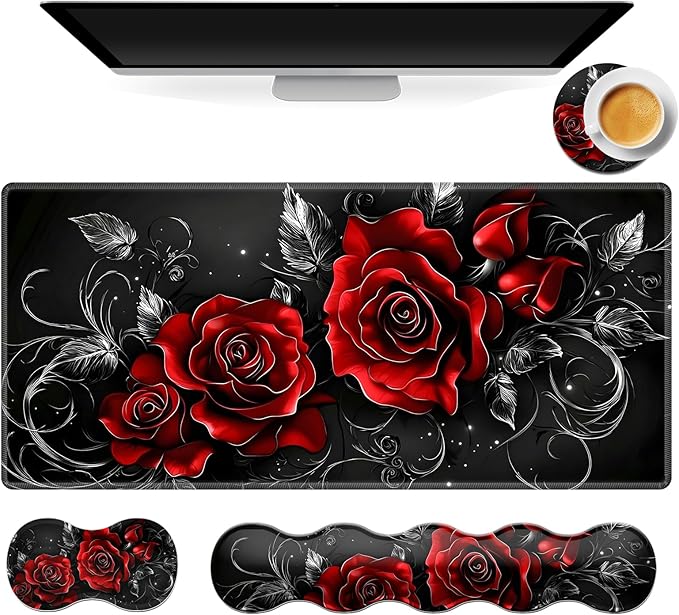 Gaming Mouse Pad Set, Swirl red Roses Large Desk Mat Mousepad, Keyboard Wrist Support, Mouse Wrist Rest, Coaster 4in1 Ergonomic Memory Foam, Non-Slip Stitched Edge for Home Office