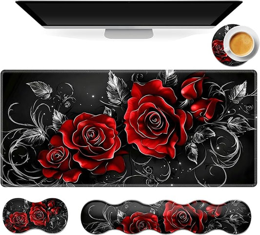 Gaming Mouse Pad Set, Swirl red Roses Large Desk Mat Mousepad, Keyboard Wrist Support, Mouse Wrist Rest, Coaster 4in1 Ergonomic Memory Foam, Non-Slip Stitched Edge for Home Office