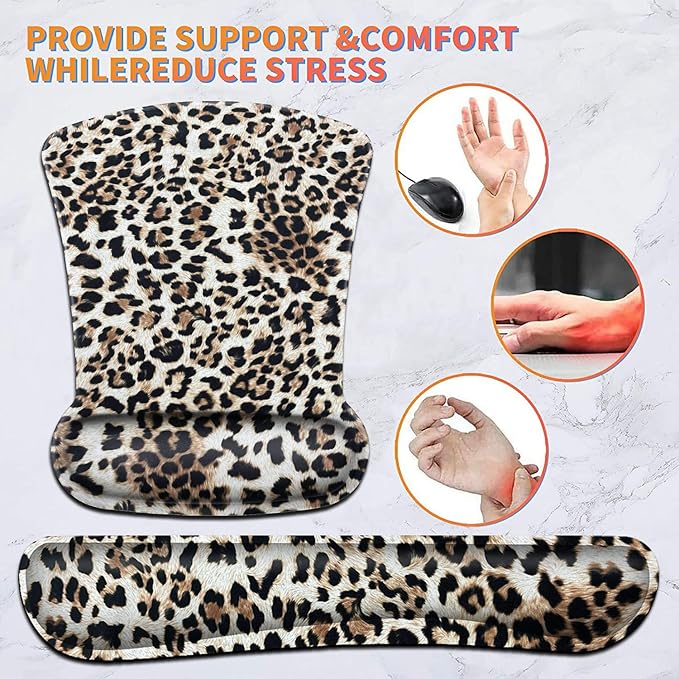 Keyboard Wrist Rest Pad and Ergonomic Mouse Pad Wrist Support Set Leopard for Gaming, Office, Comfortable and Pain Relief with Coaster Set