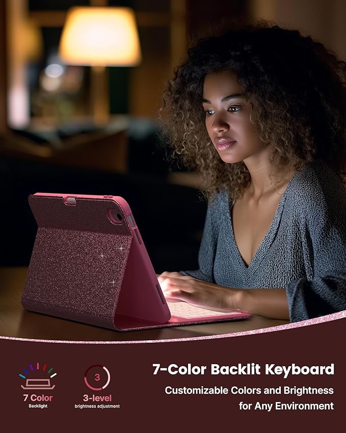 typecase Folio Keyboard Case for iPad 10th Gen 10.9 inch (2022) and iPad 11th (A16, 2025), Magnetic Wireless Detachable Keyboard, 7-Color Backlight, Thin & Light, Pencil Holder – Rose Red Glitter