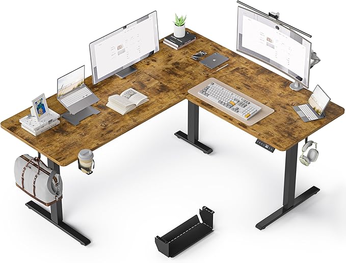 63 Inches Reversible L Shaped Standing Desk for Home Office, Electric Height Adjustable Corner Computer Desk, Sit Stand up Table with Cup Holder, Ergonomic Gaming Desk, Rustic Brown