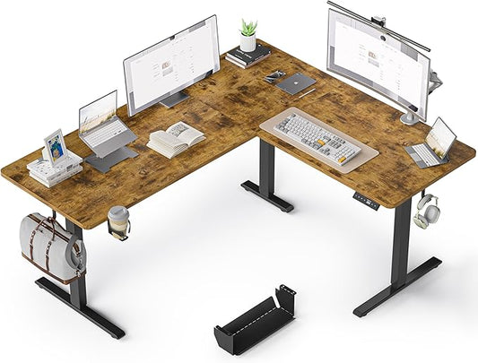 63 Inches Reversible L Shaped Standing Desk for Home Office, Electric Height Adjustable Corner Computer Desk, Sit Stand up Table with Cup Holder, Ergonomic Gaming Desk, Rustic Brown