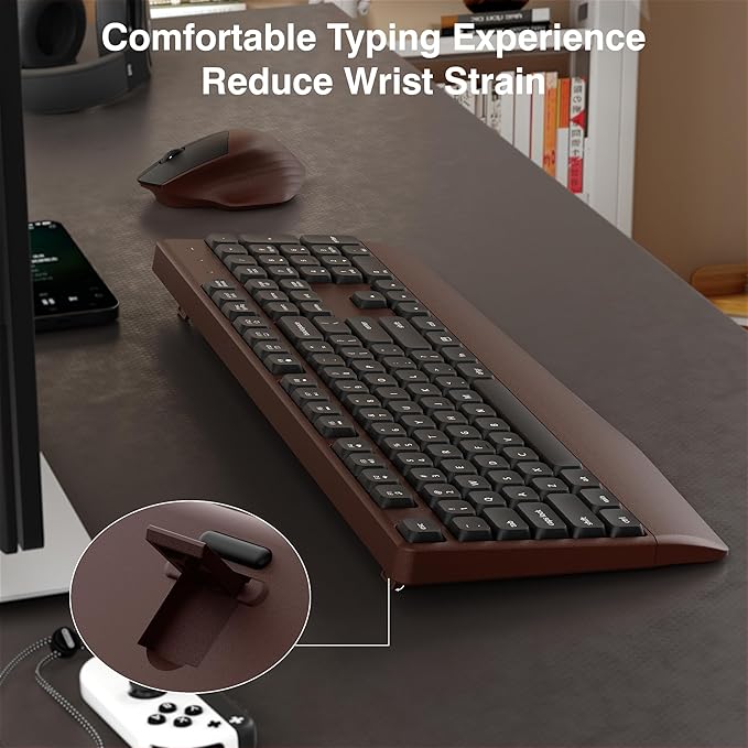 Wireless Keyboard and Mouse Combo, Full-Sized 104 Keys 2.4GHz Wireless Keyboard with Palm Rest and Wireless Mouse for Windows, Mac OS PC/Computer/Laptops/Desktops(Coffee)