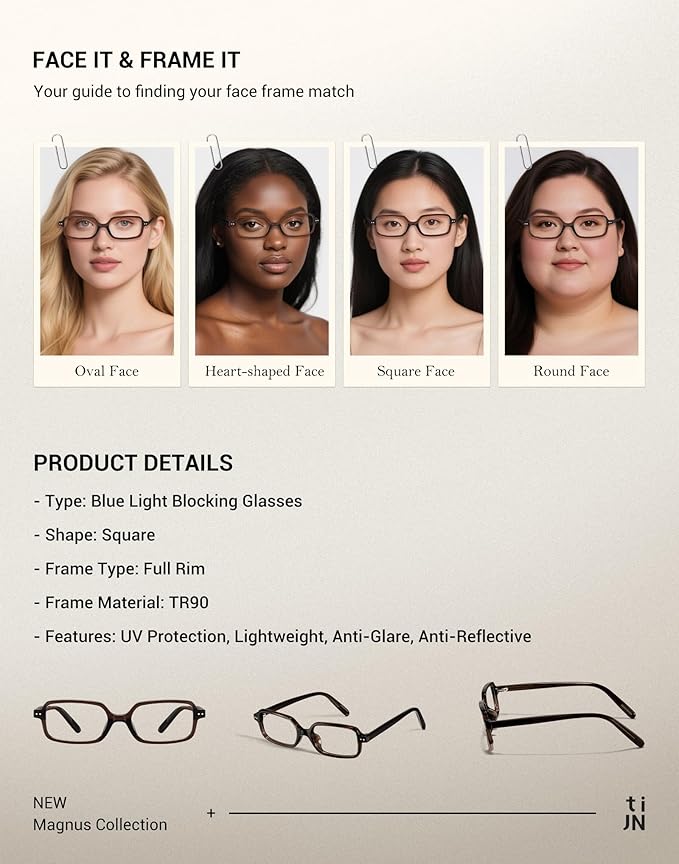 TIJN Magnus Square Blue Light Blocking Glasses for Women Men,Rectangular Computer Glasses for Gaming Work Screen Use,TR90