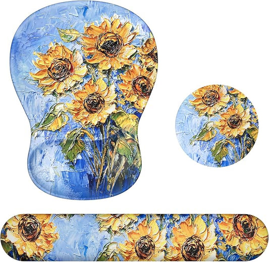 Ospelelf Keyboard Wrist Rest Set with Ergonomic Mouse Pad - 3-in-1 Memory Foam Support for Pain Relief, Office & Gaming with Coaster Blue Sunflower