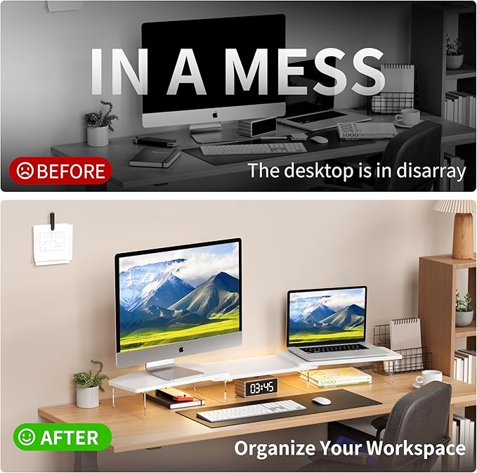 LED Dual Monitor Stand Riser for 2 Monitors,Office Desktop Wooden Stand Adjustable Length and Angle 3 Shelf,Extra Long Multifunctional Stand up to 44.4" for Computer,Laptop,TV,White