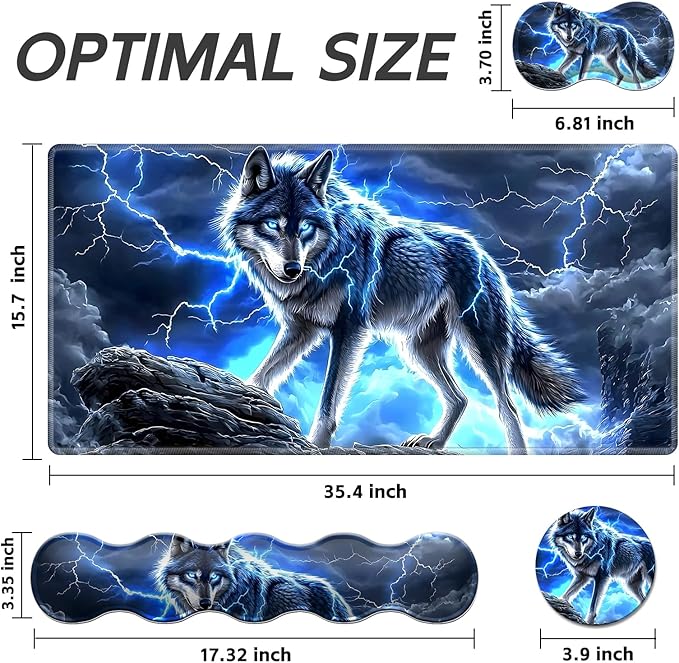 Gaming Mouse Pad Set, Majestic Blue Wolf Large Desk Mat Mousepad, Keyboard Wrist Support, Mouse Wrist Rest, Coaster 4in1 Ergonomic Memory Foam, Non-Slip Stitched Edge for Home Office