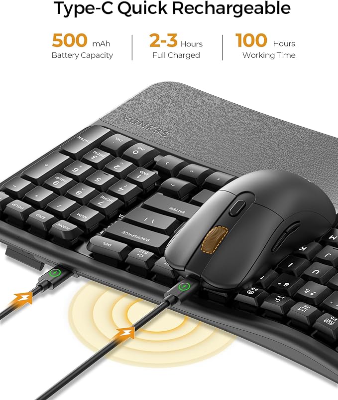 seenda Bluetooth Ergonomic Keyboard and Mouse, COE310 3 Multi-Device Connectivity, Rechargeable Wave Wireless Keyboard Mouse Combo, Compatible for Windows/macOS/PC/Laptop/MacBook/iPad - Black