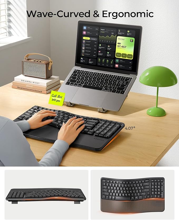 seenda Bluetooth Ergonomic Keyboard, COE311 Wireless Keyboard with 3 Multi-Device Connectivity, Rechargeable, Wave Keys, Soft Wrist Rest, Compatible for Windows/macOS/PC/Laptop/MacBook/iPad - Black