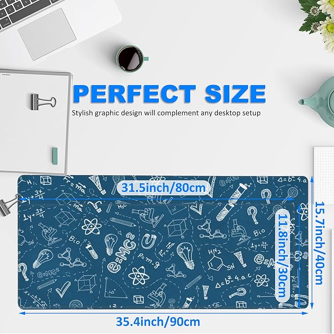 Desk Mat, Blue School Science Formula Extended Gaming Mouse Pad Large, 31.5"x11.8" Big Mouse Pad with Non-Slip Base and Stitched Edge, Long Computer Keyboard Mouse Mat for Home Office Work