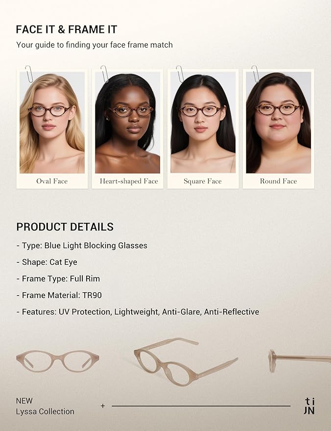 TIJN Lyssa Blue Light Glasses for Women Men,Retro 90s Oval Cat Eye Frame Eyeglasses,Lightweight TR90 Computer Gaming Eyewear