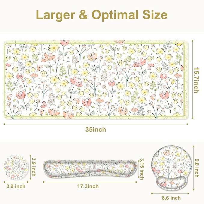 Desk Mat, 4in1 Large Mouse Pad with Wrist Rest, Cute Desk Mat, Anti-Slip XXL Computer Ergonomic Mousepad with Wrist Support for Keyboard and Mouse, Nice Yellow Flowers