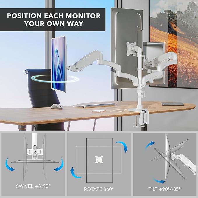 Mount-It! Triple Monitor Stand for Desk, 3 Arm Monitor Mount with Gas Spring Adjustment, Fits 13–32 Inch Screens up to 17.6 lbs per Arm, VESA 75 & 100, Clamp or Grommet Base, USB-C & A Ports, White