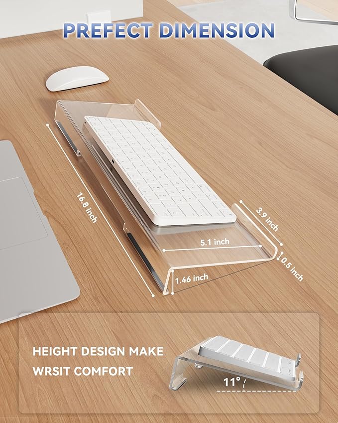 Acrylic Computer Keyboard Stand for Desktop (Clear), Ergonomic Keyboard Tilted Elevated Rack Key Board Tray Holder Riser Stand for Office Home Desk Work Supplies