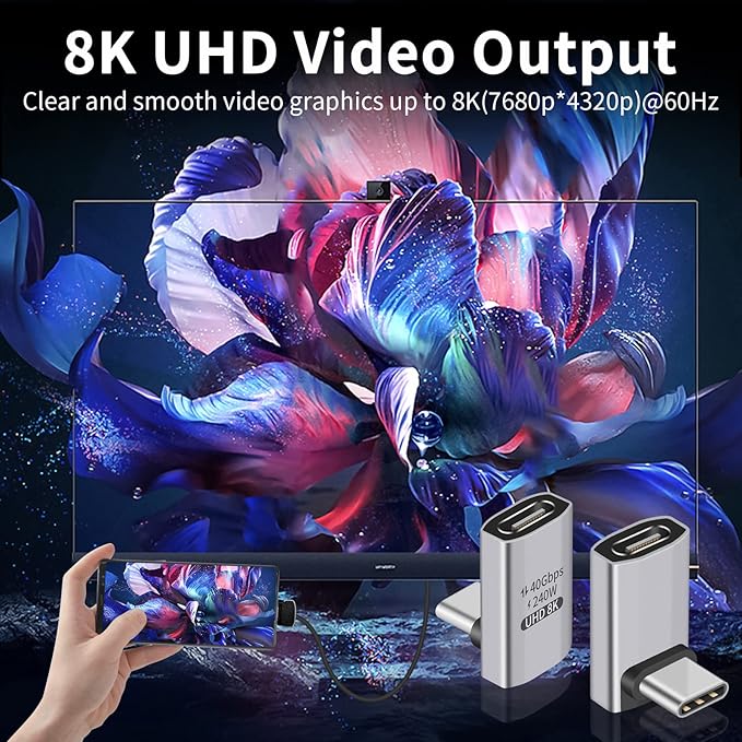 Duttek USB C 90 Degree Adapter, 40Gbps, Right Angle USB C Male to Female, Supports 8K Video for iPad, MacBook, Tablet, Phone, 2 Pack