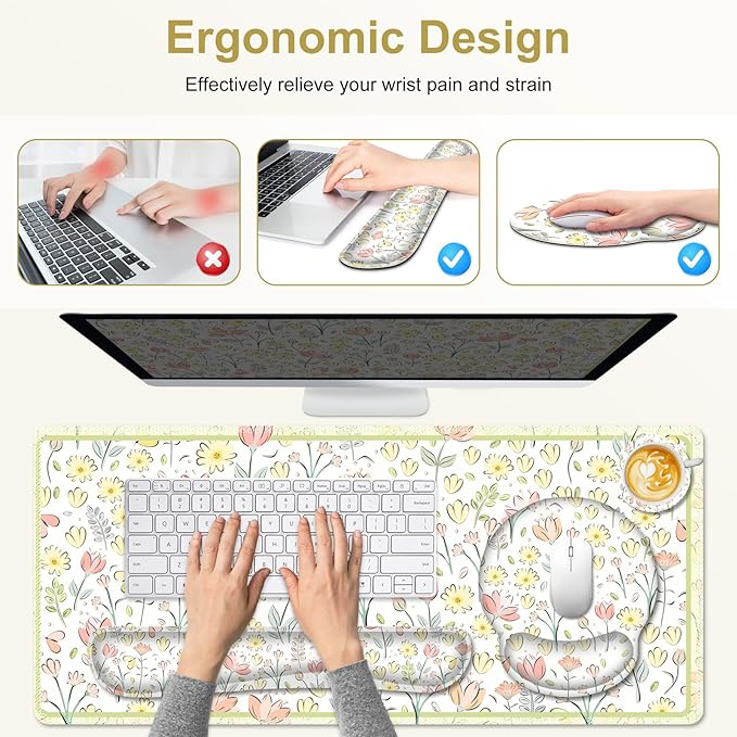 Desk Mat, 4in1 Large Mouse Pad with Wrist Rest, Cute Desk Mat, Anti-Slip XXL Computer Ergonomic Mousepad with Wrist Support for Keyboard and Mouse, Nice Yellow Flowers