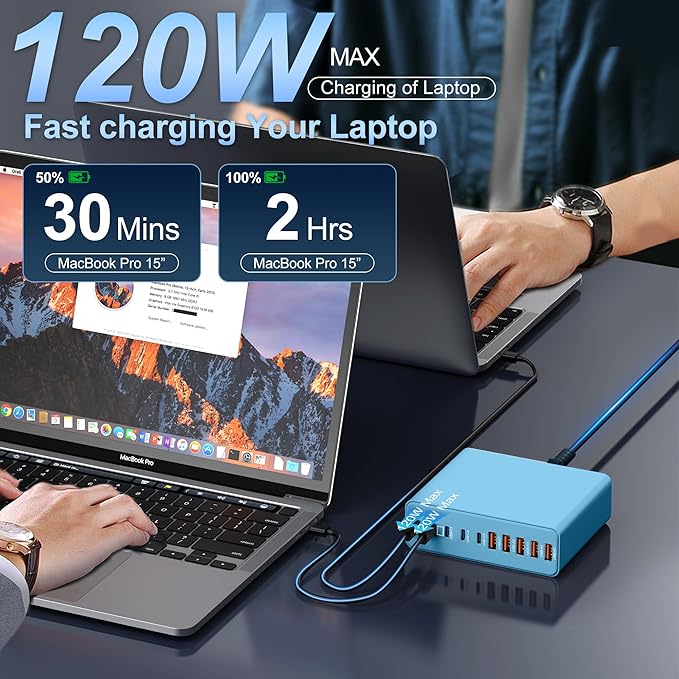 800W USB C Charger Block,10-Port Charging Station GaN Fast Charging Type C & USB A Wall Charger Adapter for MacBook Pro/Air,iPhone,iPad,Dell XPS,Samsung Galaxy(Blue)