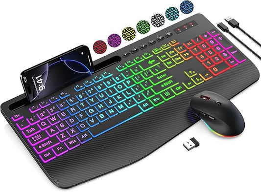 SABLUTE Wireless Keyboard and Mouse Combo, 9 Backlit Effects, Large Print, Wrist Rest, Phone Holder, 2.4G Lag-Free Ergonomic Keyboards, KM22 MAX Rechargeable Easy to See Set for Computer, Laptop, PC