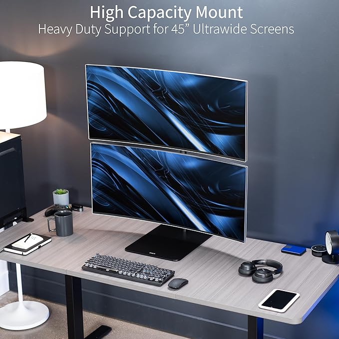 VIVO Freestanding Dual Vertically Stacked Ultra-Wide Monitor Desk Stand, Extra Tall Heavy Duty Adjustable Mount for 2 Ultrawide Screens up to 45 inches, 25 lbs Per Screen Capacity, Black, STAND-V200L