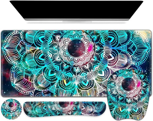Large Mouse Pad with Wrist Support 4 in1 Set, XXL Big Game Mousepad + Keyboard Wrist Rest+Mouse Wrist Rest+Coaster Ergonomic Gaming Mat for Home Office Table Computer I Nice Green Mandala