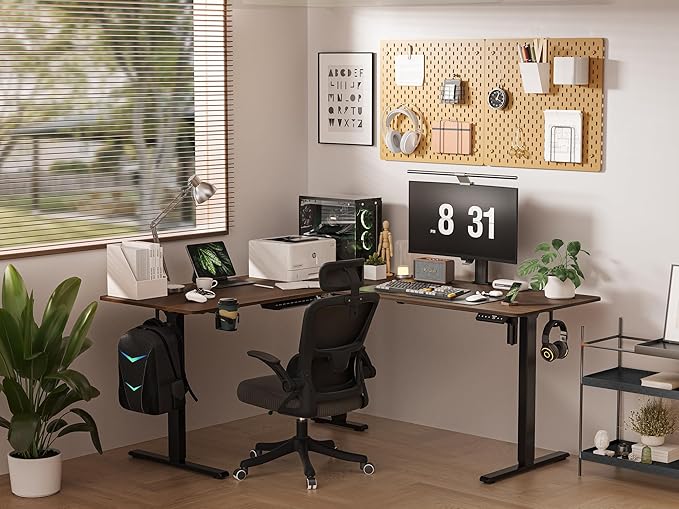 75x61 Inches Reversible L Shaped Standing Desk Height Adjustable with Cup Holder, Electric Corner Computer Workstation for Home Office, Ergonomic Sit Stand up Gaming Desk, Black Walnut