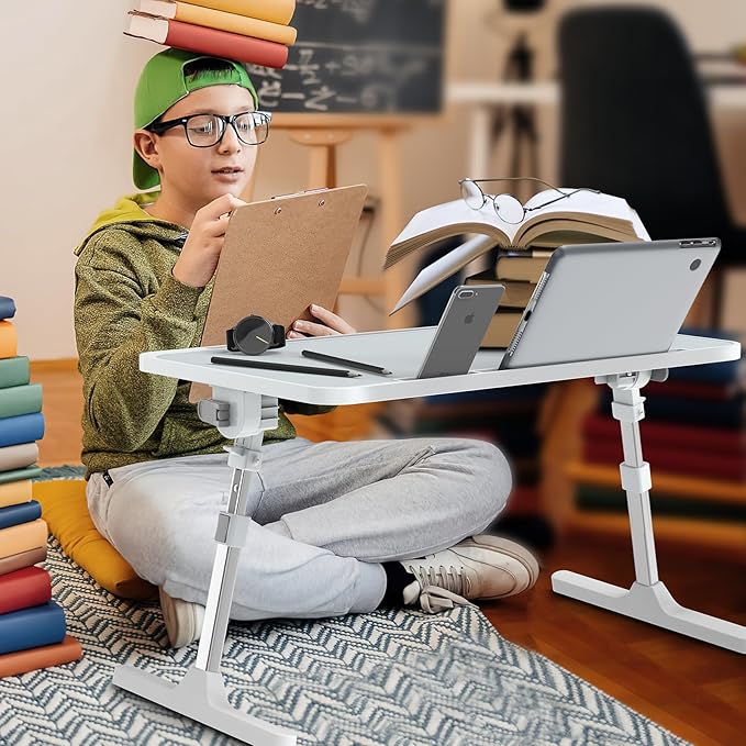 Zapuno Laptop Bed Desk, Height & Angle Adjustable Laptop Bed Tray Table Lap Stand with Tablet & Phone Slot, Light Weight Foldable Portable Lap Desk for Couch Chair Floor Desk for Adults, Kids