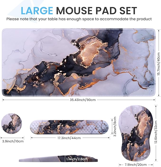 Desk Pad Mat, Large Mouse Pad with Wrist Rest, Ergonomic Keyboard Wrist Support, XXL Carpal Tunnel Mousepad Set with Coaster, Computer Keyboard Matt for Laptop Desktop, White Gray Marble
