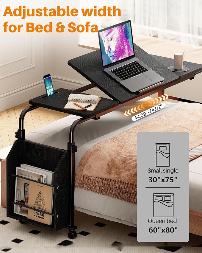 Laptop Desk for Bed,6-Angle Adjustable Overbed Table with Wheels,Adjustable Height and Length Bed Table for Laptop with Side Bookshelf,Standing Desk,Over Bed Desk for Working Hospital Home (Black)