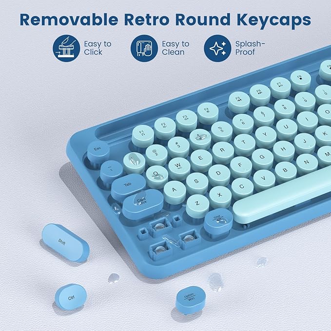 Wireless Keyboard and Mouse Combo, Retro Round Keycaps, Full-Size Stylish Typewriter Keyboard with Phone/Tablet Holder, Ergonomic Mouse with 3-Level DPI, 2.4GHz Connection for Windows/PC (Sky Blue)