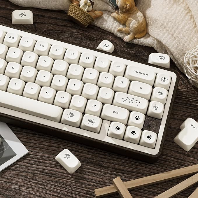 PBT Keycaps Set 124 Keys, Minimalist Style Custom White Cat Keyboard Dye-Sublimation MOA Profile Keycaps 60 65 75 100 Percent