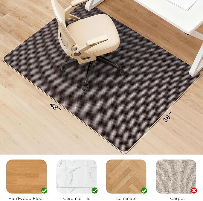 Sycoodeal Office Chair Mat for Hardwood & Tile Floor, 36" x 48" Computer Gaming Chair Mat for Rolling Chairs Non-Curve, Anti-Slip, Heavy Duty Floor Protector for Home Office (Coffee)